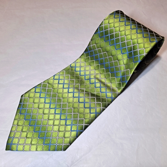 Meeting Street 💯 Silk Men's Necktie 60" x 4" Geometric Green/Silver Handmade - Picture 7 of 9